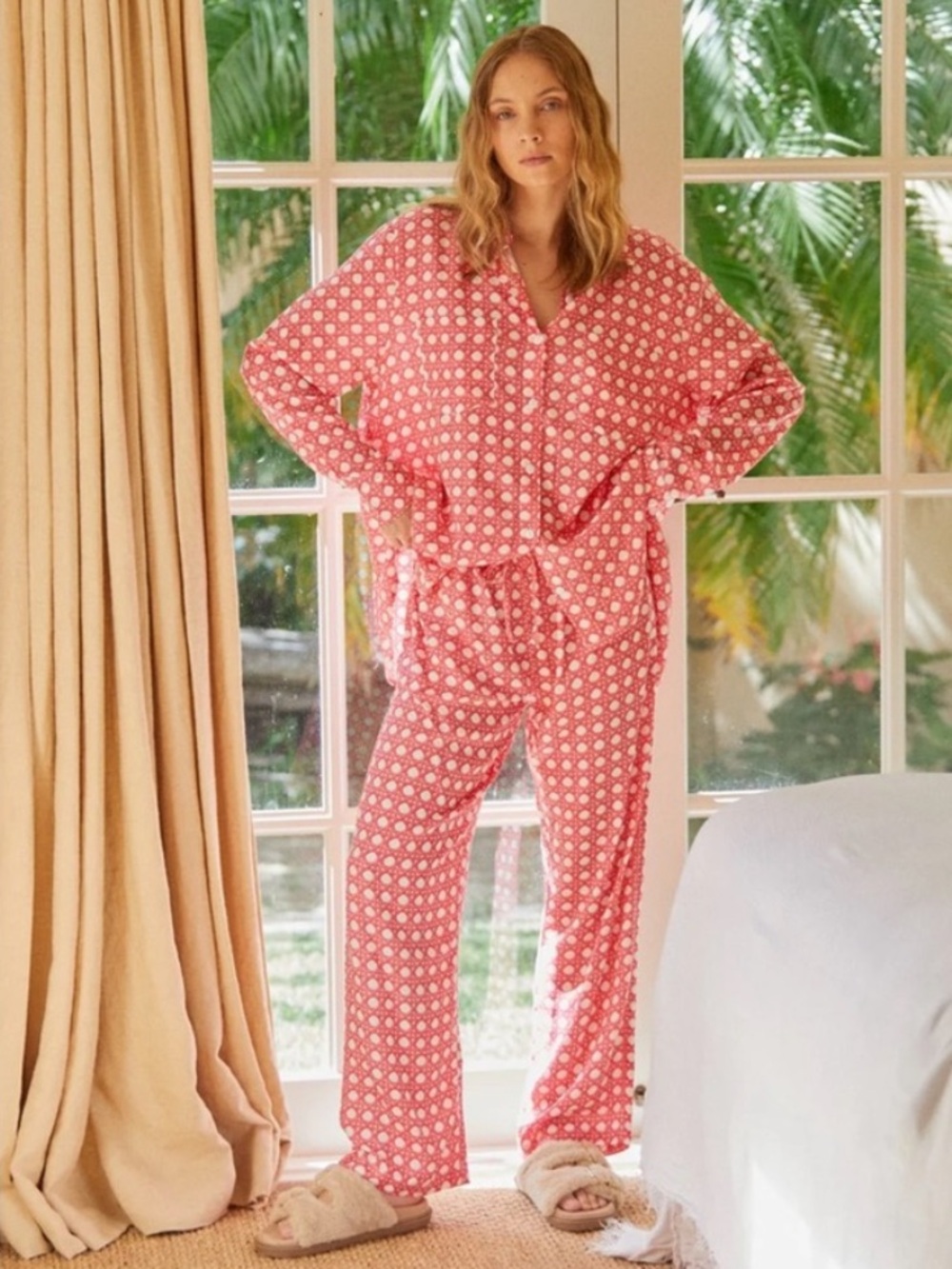 PIYAMA Women Size S Pink & White Rattan Print Long Sleeve Pajama Set Loungewear